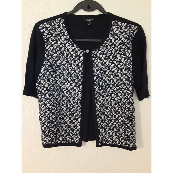 Talbots Cardigan Women's Navy and Floral 100% Silk Front and Cotton/Silk Back S - Picture 1 of 7